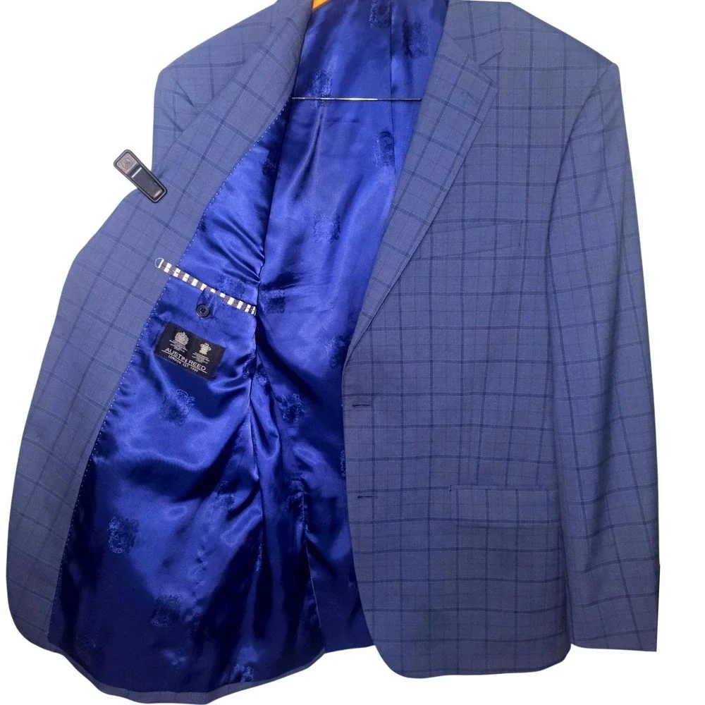 Austin Reed London Mens Blue Windowpane Check Two Button Blazer Sport Coat 42R